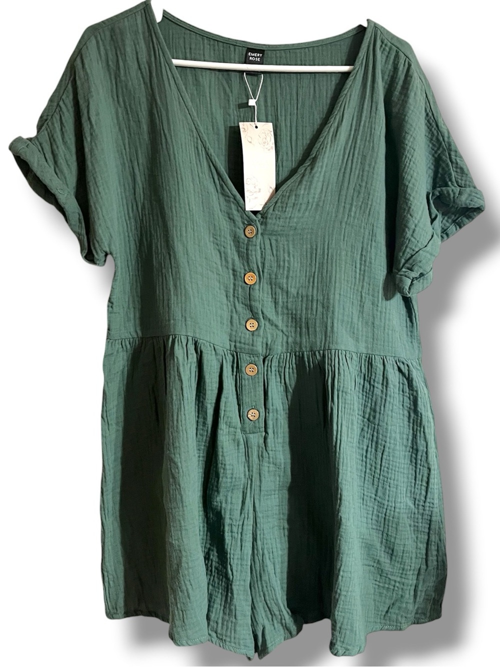 Emery Rose Green Button-Front 100% Cotton Gauze Romper, L - Picture 3 of 9